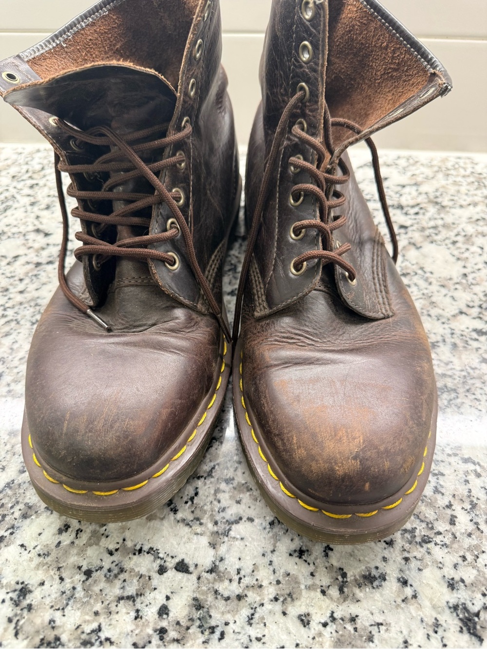 Dr. Martens Dark Brown Leather 6-Eye Lace-Up Boots with Yellow Stitching - Picture 3 of 4